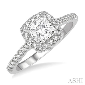1 Ctw Cushion Shape Round & Princess Cut Diamond Engagement Ring With 3/4 Ctw Princess Cut Center Stone in 14K White Gold